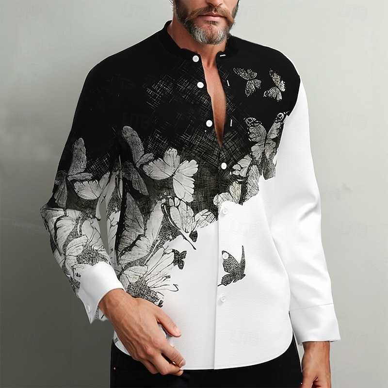 Men's Animal Butterfly Shirt Summer Hawaiian Shirt Collarless Shirt Long Sleeve Fashion Casual Vacation Casual Holiday Summer Spring Standing Collar 3D Print Button Down Shirts White - Main Image