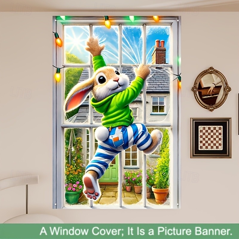 Rabbit Window Cover Decorations, Fabric Curtain Poster Window Door Covering Decor for House, Window Clings Decals Indoor Outdoor2