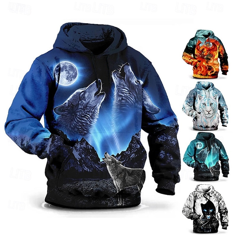 Men's Wolf 3D Print Graphic Prints Hoodie Pullover Hoodie Sweatshirt Hoodies Fashion Streetwear Long Sleeve Hooded Vacation Work Daily Wear Gray Green Black and White Pocket Spring &  Fall Designer