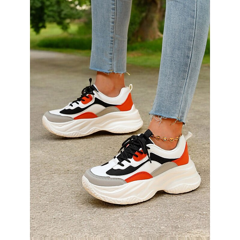 Women's Chunky Dad Sneakers – White & Orange Fashion Platform Running Shoes for Casual, Streetwear & Athletic Style2