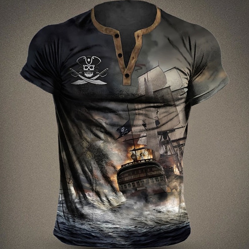 Men's Graphic Ship Pirate Henley Shirt Short Sleeve 3D Print Fashion Designer Comfortable Outdoor Daily Summer Blue Brown Green Gray Henley Henley T-Shirt