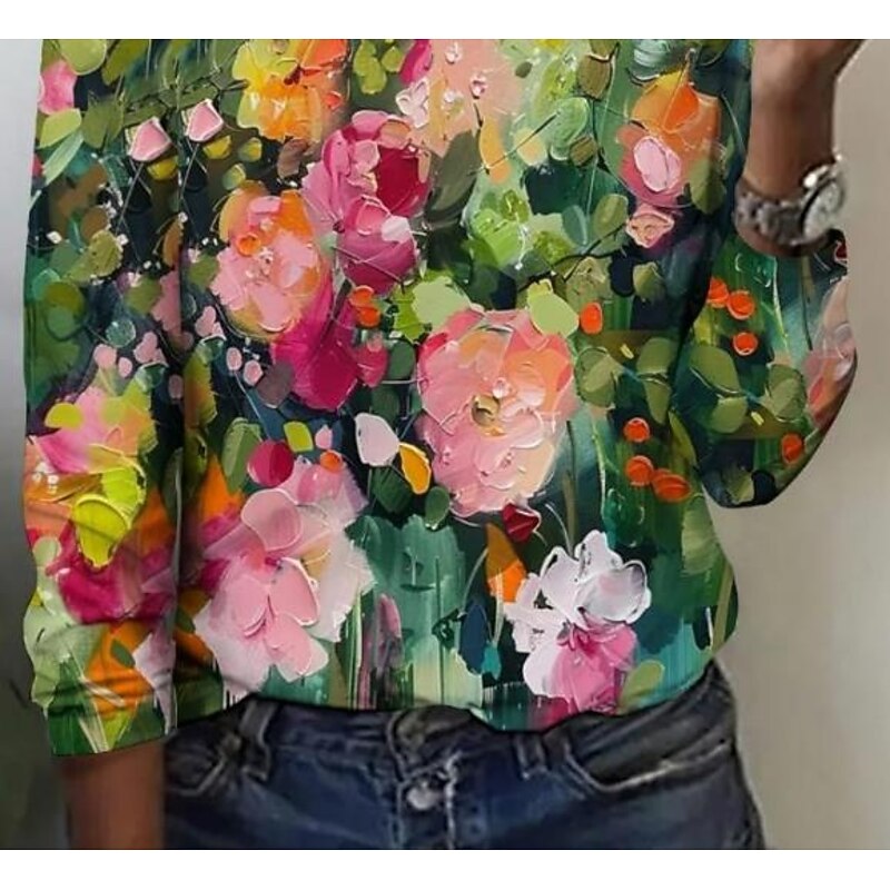 Women's T shirt Long Sleeve Crew Neck Long Sleeve Tunic Floral Elegant Vintage Regular Tops Daily Going out Weekend Print Army Green Prefall3