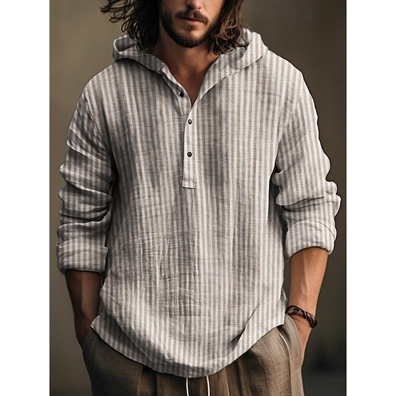 Men's Button Up Shirt Hooded Shirt Black khaki Long Sleeve Stripes Hooded Vacation Casual Hooded Clothing Apparel Polyester Fashion