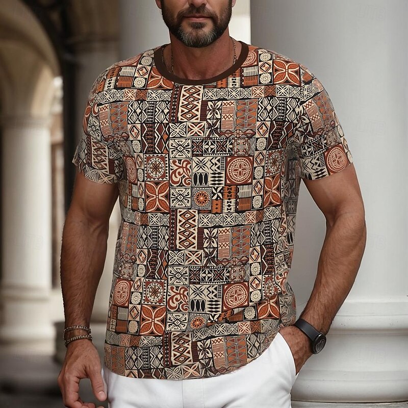Men's Aztec T Shirt Short Sleeve T shirt 3D Print Crew Neck Shirt Fashion Ethnic Street Daily Brown Summer Spring Clothing Apparel S M L XL XXL XXXL