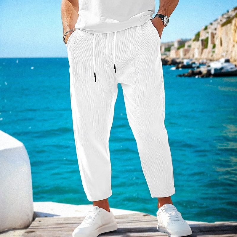 Men's Corduroy Pants Trousers Casual Pants Pocket Drawstring Elastic Waist Plain Breathable Soft Ankle-Length Formal Office Work Vacation Stylish Black White Micro-elastic