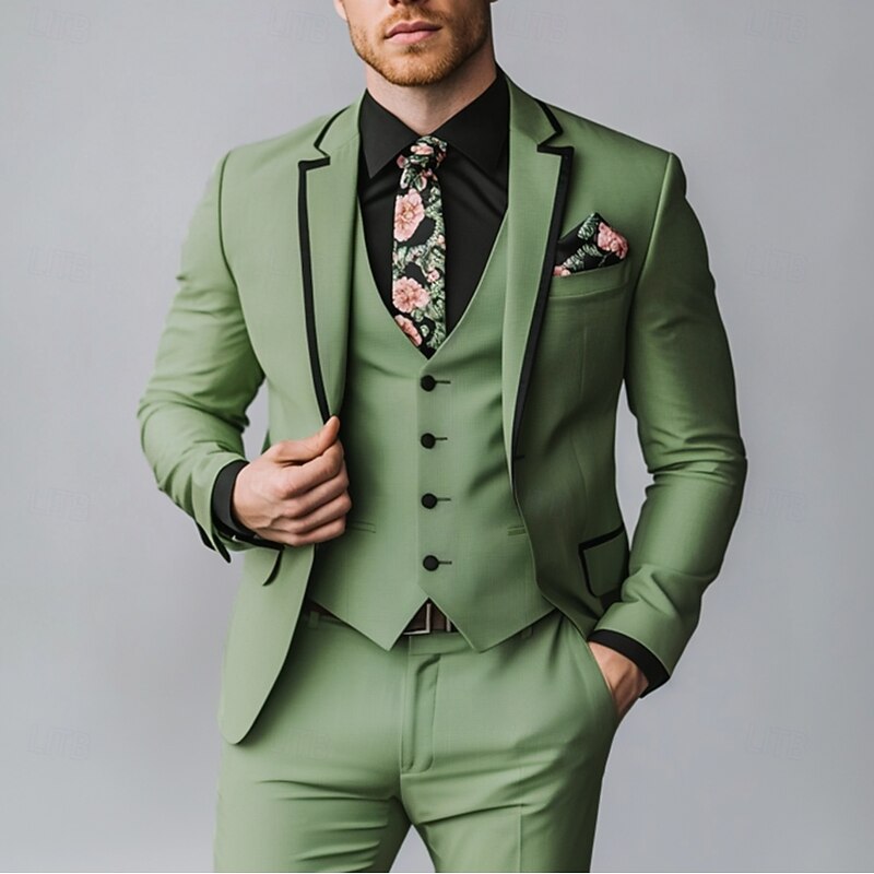 Men's Wedding Prom Party Suits Sage Formal Solid Colored Standard Fit 3 Piece Single Breasted One-button