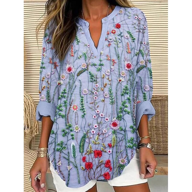 Women's Blouse Tunic V Neck Long Sleeve Boho Casual Tops 3D Print Graphic Animal Vintage Tropical Regular Tops Daily Wear Print Purple