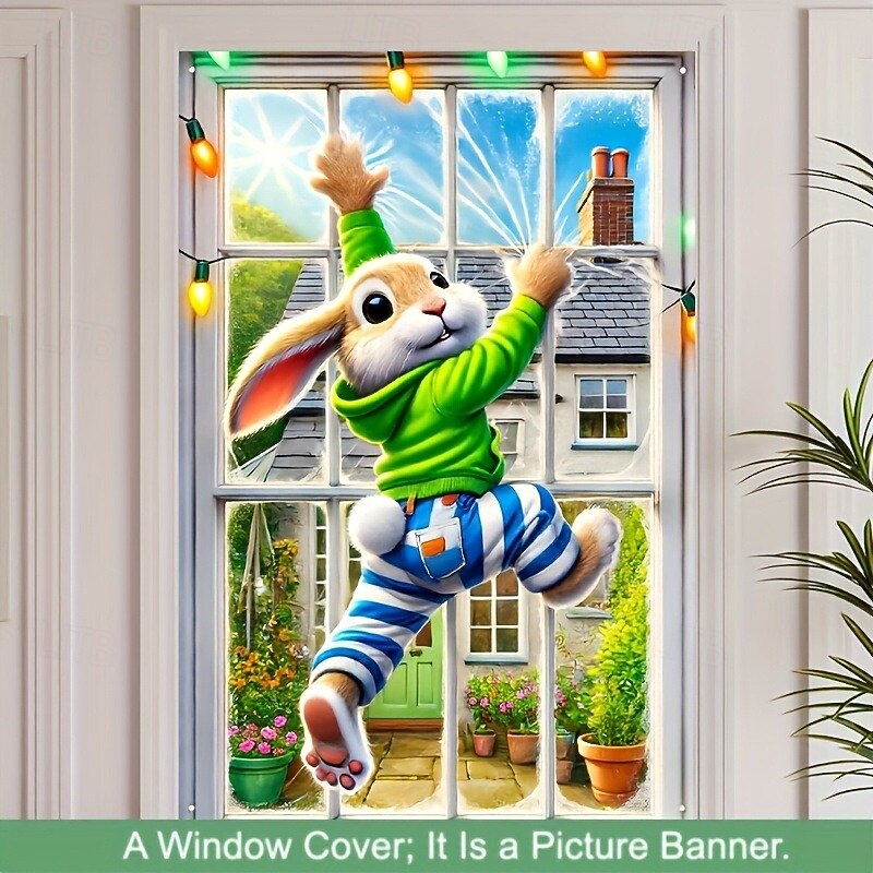 Rabbit Window Cover Decorations, Fabric Curtain Poster Window Door Covering Decor for House, Window Clings Decals Indoor Outdoor4