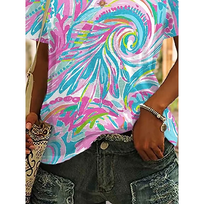 Women's T Shirt Color Block Casual Short Sleeve V Neck Regular Tops Daily Print Blue Summer3