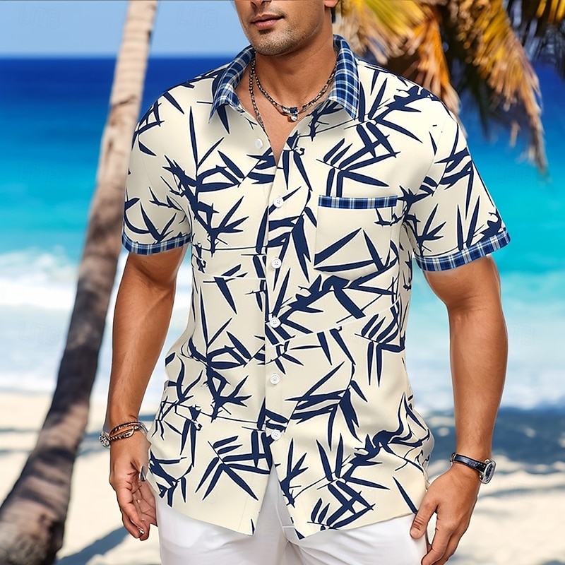 Men's Leaf Tropical Plants Summer Hawaiian Shirt Button Up Shirt Short Sleeve Hawaiian Resort Vacation Holiday Beach Wear Summer Spring Turndown Collared Shirts Front One Pocket Light Khaki