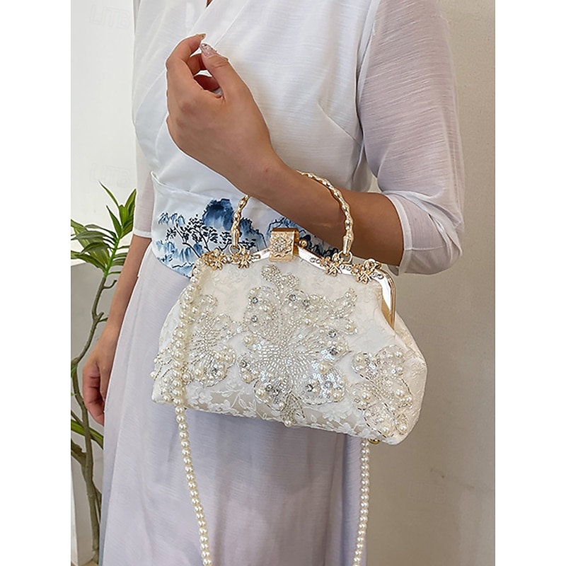 Elegant White Lace Evening Handbag with Pearl and Floral Embellishments – Stylish Bridal or Party Accessory for Women Black White4