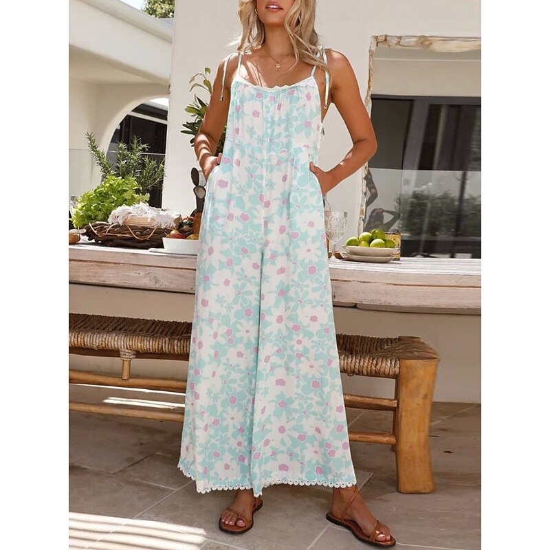 Women's Normal Jumpsuit Active Floral Sleeveless U Neck High Waist Vacation Daily Loose Fit Light Blue Summer2
