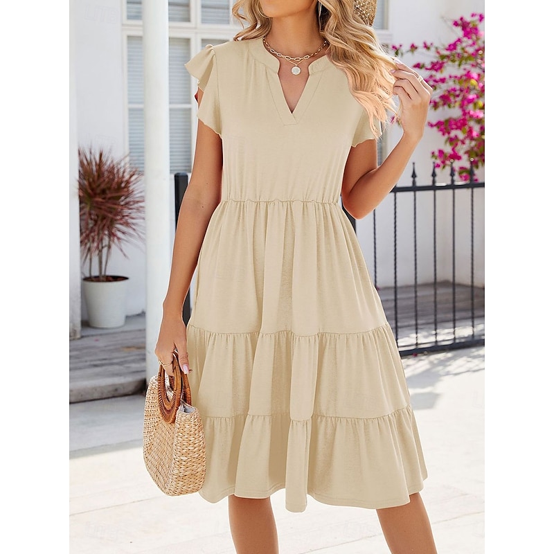 Women's Long Dress Maxi Dress Casual Dress Elegant Stylish Basic Vacation Work Casual Regular Fit Plain Short Sleeve V Neck Dark Brown Pink Dark Green Apricot Summer Spring2