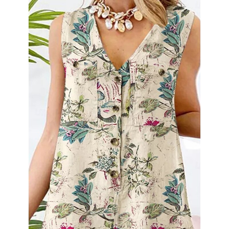 Women's Normal Romper Active Floral Sleeveless V Neck Buttons High Waist Vacation Daily Regular Fit Yellow Red Navy Blue Summer2