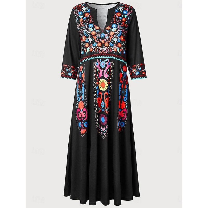 Women's Midi Dress Long Sleeve Boho Dress A Line Dress Boho Dress Stylish Casual Vacation Casual Daily Regular Fit Graphic Long Sleeve V Neck Black Wine Navy Blue Summer Spring Fall2