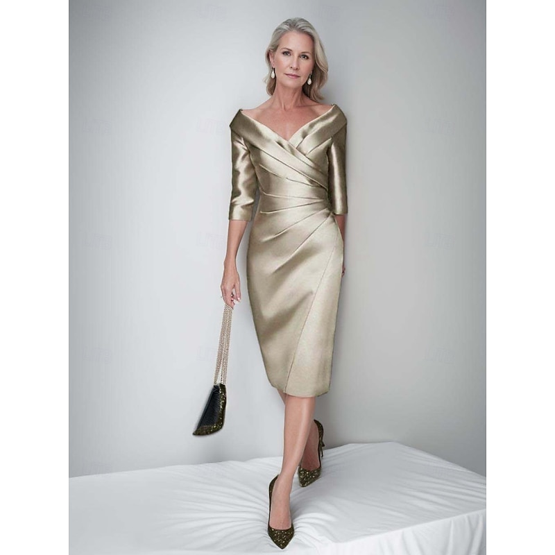 Sheath / Column Mother of the Bride Dress Formal Wedding Guest Elegant Vintage Luxurious V Neck Tea Length Satin Half Sleeve Jacket Dresses with Pleats Race Day Dress