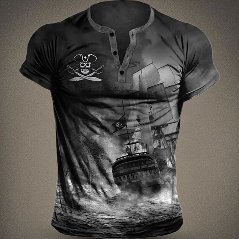Men's Graphic Ship Pirate Henley Shirt Short Sleeve 3D Print Fashion Designer Comfortable Outdoor Daily Summer Blue Brown Green Gray Henley Henley T-Shirt3