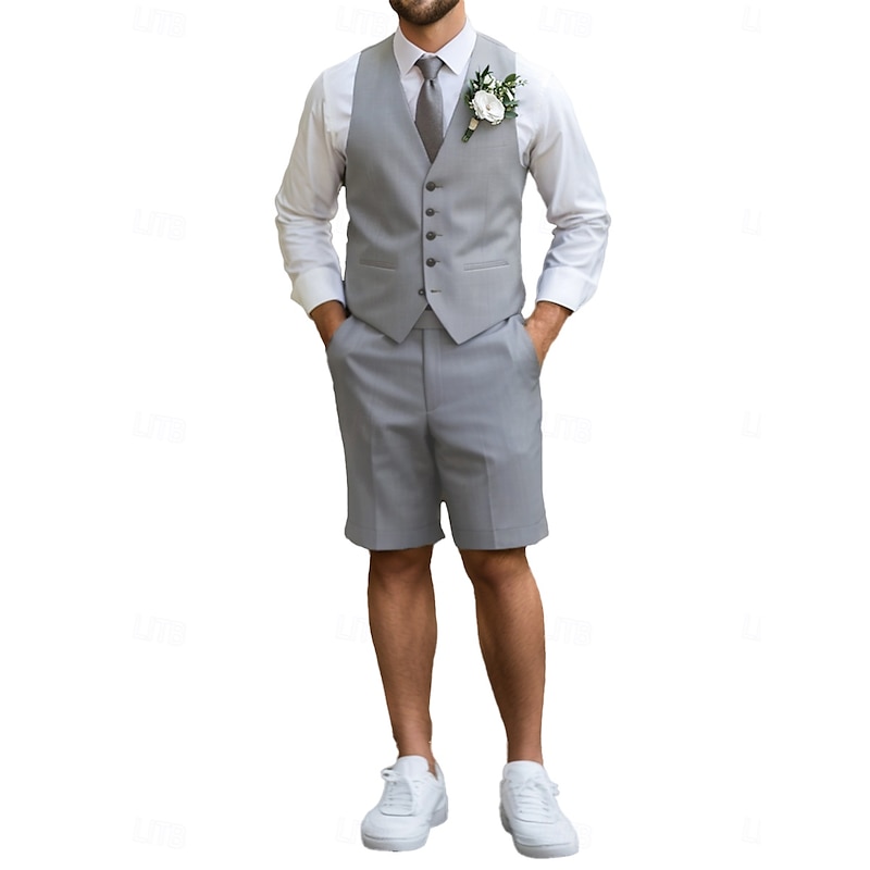 Men's Wedding Suits Sky Blue Light Grey Fashion Casual Solid Colored Tailored Fit 2 Piece2