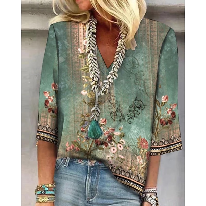 Women's Shirt Button Down Blouse Floral Daily Basic 3/4 Length Sleeve V Neck Regular Tops Daily Print Green Summer Spring