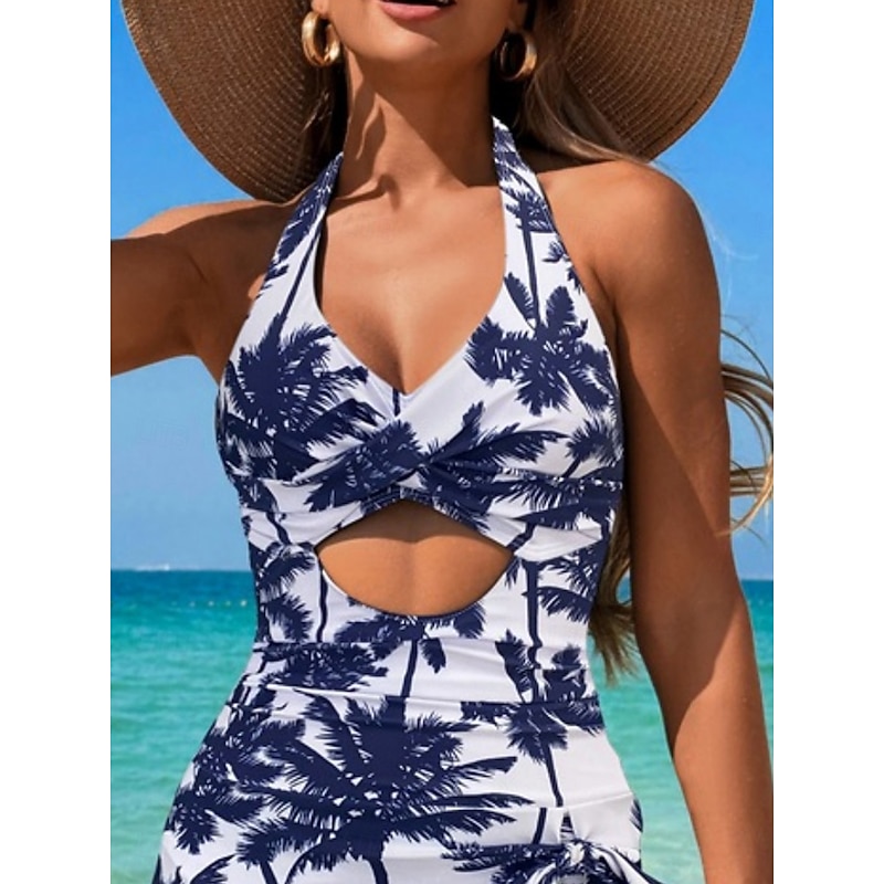 Women's Swimsuits One Piece Monokini Swim Dress Swimsuit Backless Tummy Control High Waist Slim Vacation Beach Wear Floral Halter Neck Sleeveless Bathing Suits2