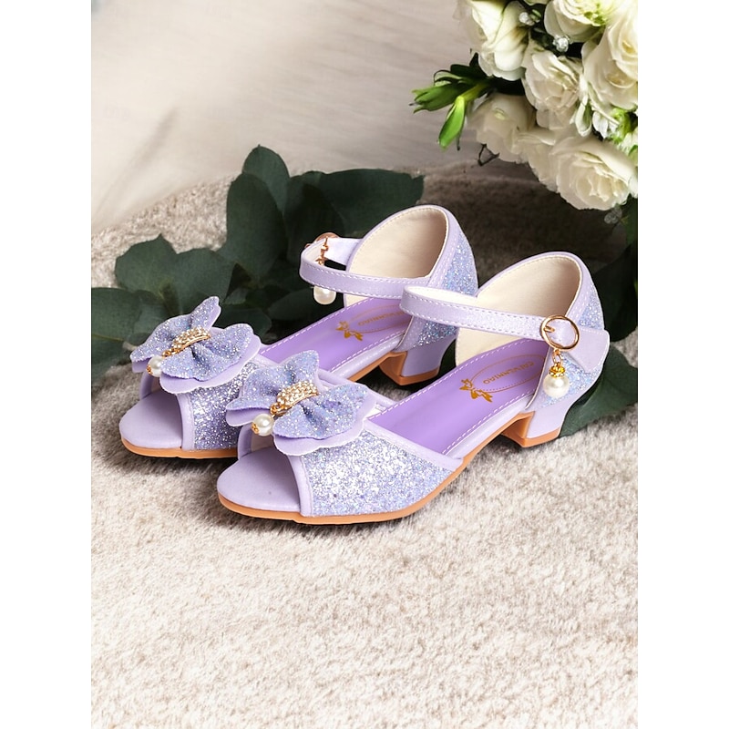 Girls' Purple Glitter Bow Sandals with Pearl Accent, Adjustable Strap, Perfect for Weddings, Birthdays, and Special Occasions2