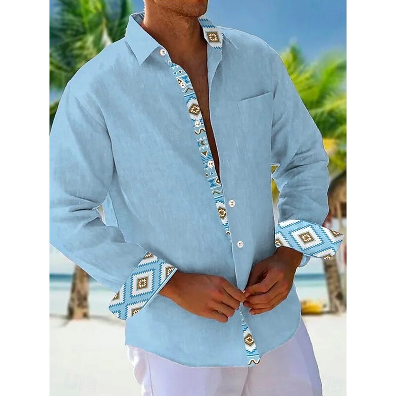 Men's Shirt Summer Shirt Casual Shirt Beach Shirt Button Up Shirt Light Green Pink Sky Blue Brown Gray Long Sleeve Plain Pattern Lapel Vacation Hawaiian Button-Down Clothing Apparel Polyester Fashion3
