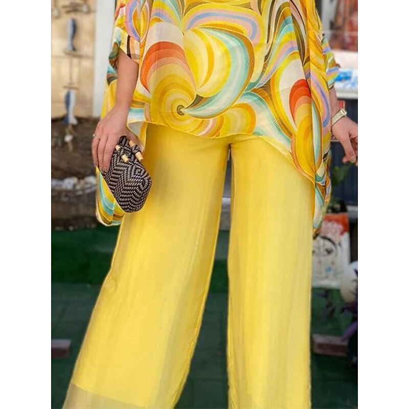 Women's Fashion Streetwear Daily T Shirt Wide Leg Pants 3/4 Length Sleeve Crew Neck Ombre Casual Daily Yellow Pink Blue Summer Regular Fit2