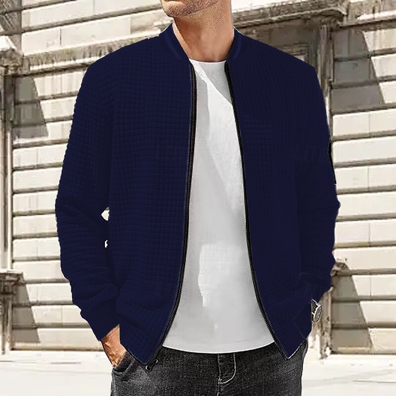 Men's Lightweight Jacket Waffle Jacket Summer Jacket Transition Jacket Vacation Daily Wearproof Pocket Spring Fall Plain Fashion Classic Stand Collar Regular Black White Navy Blue Khaki Dark Gray2