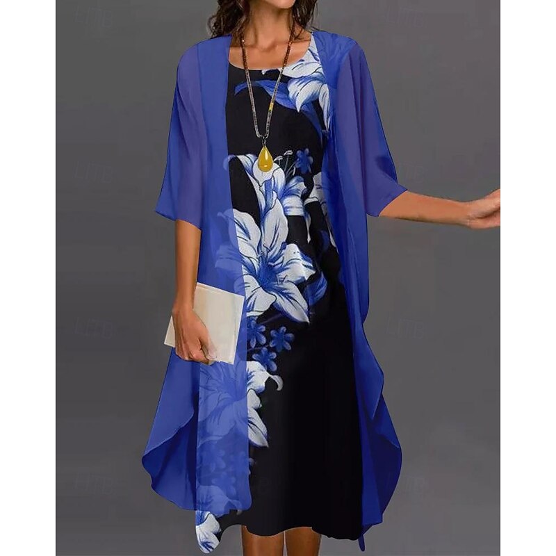 Women's Fashion Streetwear Skirt Sets 3/4 Length Sleeve Bell Sleeve Crew Neck Floral Print Daily Wear Date Red Blue Purple Spring Regular Fit