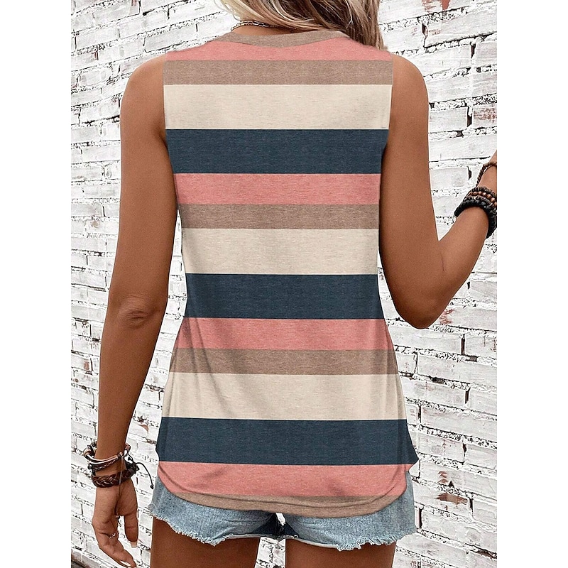 Women's Camisole Tank Top Striped Stylish Casual Sleeveless Crew Neck Regular Tops Daily Print Khaki Summer2