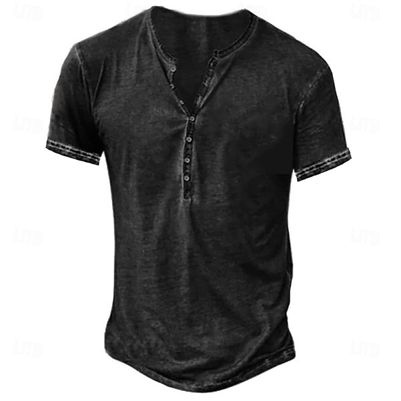 Men's Henley Shirt Tee Top Long Sleeve Shirt Short Sleeve Plain Vintage Fashion Basic Washed Henley Vacation Street Going out Summer Dark Brown Dark Grey Light Grey Henley T-Shirt2