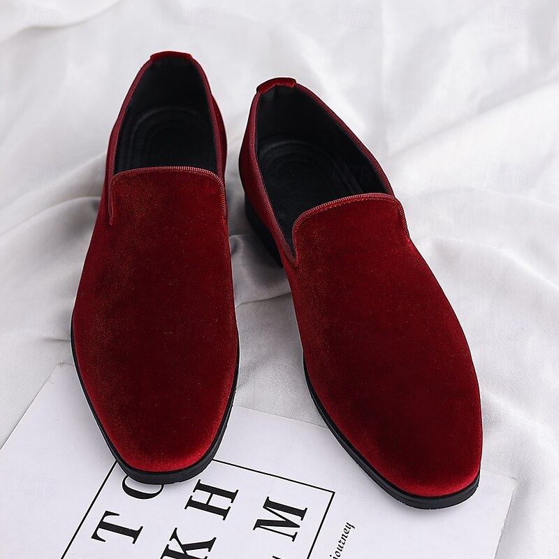 Men's Red Velvet Slip-On Dress Shoes, Elegant Formal Footwear for Weddings, Parties and Special Occasions3
