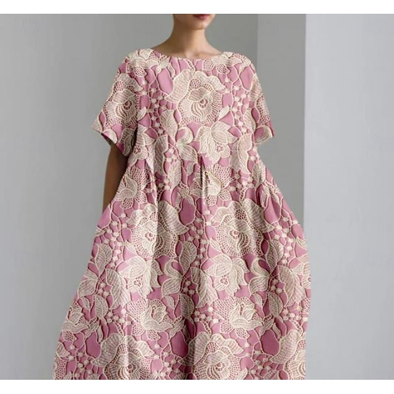 Women's Maxi Dress Casual Dress Casual Vacation Loose Fit Floral Graphic Linen Like 3/4 Length Sleeve Crew Neck Pink Spring Fall Winter2