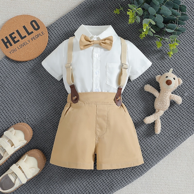3 Pieces Ring Bearer Suit Boys Kids Toddler Shirt & Shorts School Formal Party Fashion Gentle Solid Color V Neck White Cotton