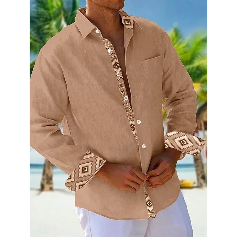 Men's Shirt Summer Shirt Casual Shirt Beach Shirt Button Up Shirt Light Green Pink Sky Blue Brown Gray Long Sleeve Plain Pattern Lapel Vacation Hawaiian Button-Down Clothing Apparel Polyester Fashion
