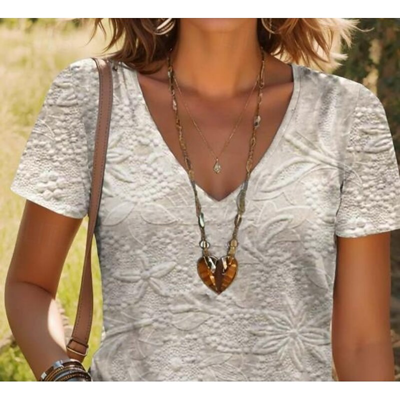 Women's T Shirt Floral Graphic Vintage Stylish Casual Short Sleeve V Neck Regular Tops Daily Linen Like Buttons Print White and gray Summer Spring2
