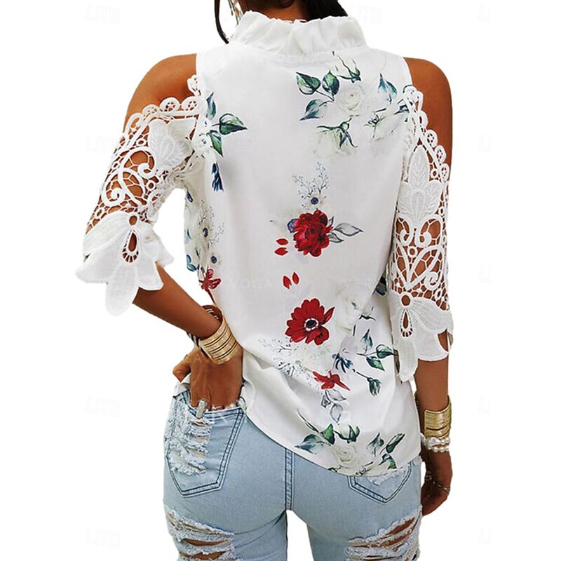 Women's T Shirt Floral Elegant Vintage Fashion Long Sleeve V Neck Regular Tops Daily Going out Weekend Patchwork Eyelet Print White Pink Blue Green Summer Spring2