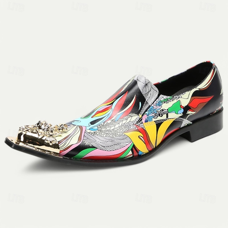 Men's Premium Cowhide Leather Loafers with Gold Tip Vibrant Artistic Print and Metallic Gold Lion Head Detail–Fashionable Slip-On Shoes for Special Occasions and Statement Wear4