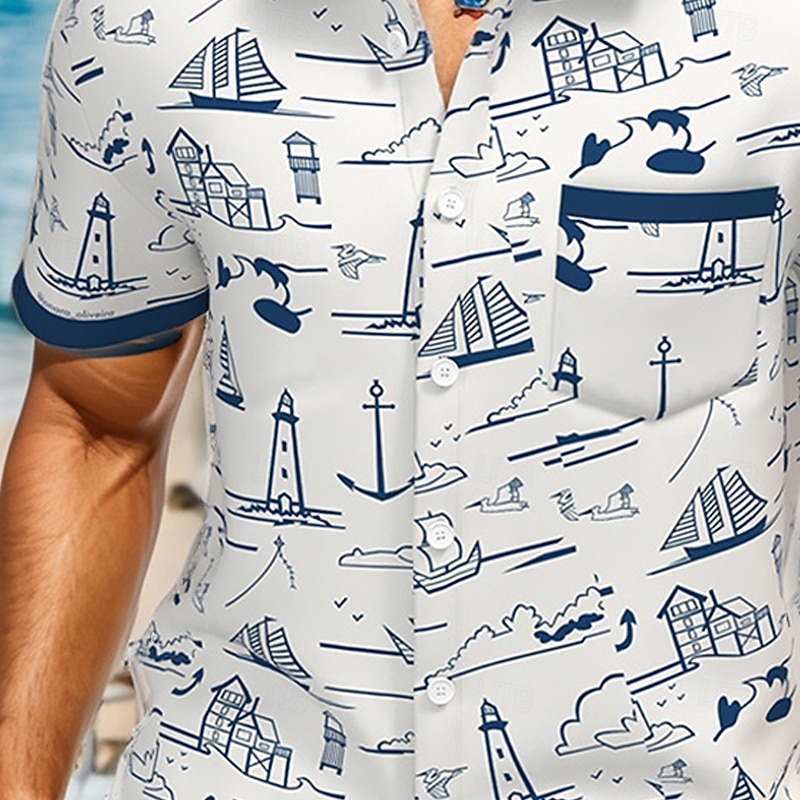 Men's Nautical Sailboat Summer Hawaiian Shirt Button Up Shirt Short Sleeve Hawaiian Vintage Retro Vacation Holiday Beach Wear Summer Spring Turndown Collared Shirts Front One Pocket White3