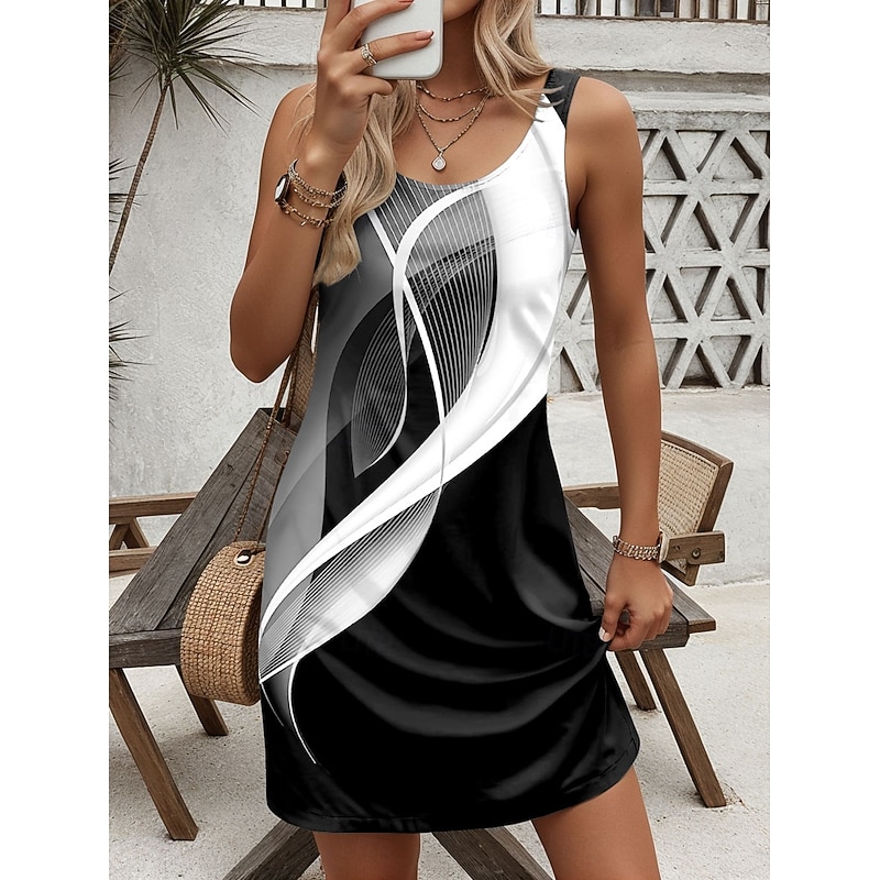 Women's Mini Dress Casual Dress Petite Dress Sundress Summer Dress Casual Vacation Daily Holiday Regular Fit Geometric Color Block Sleeveless Crew Neck Black Summer2