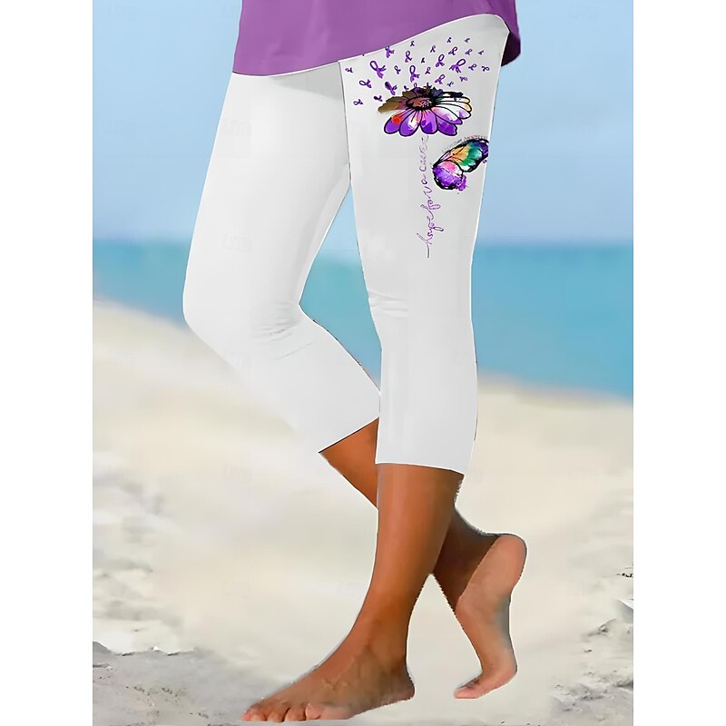Women's Leggings Capri Pants High Elasticity Vacation Fashion Hawaiian Ankle-Length Mid Waist Floral Printing Thermal Warm Breathable Soft  Vacation Casual Daily Violet Black White Regular Fit2