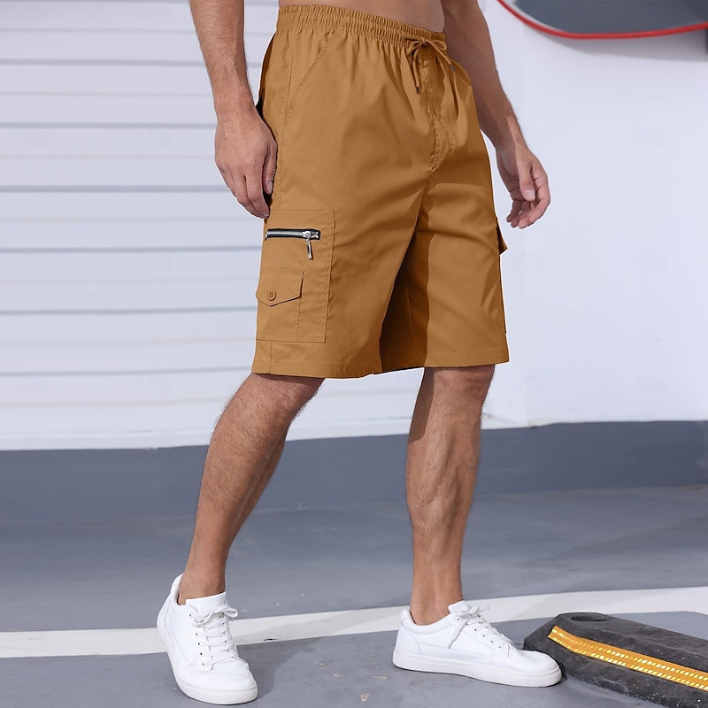 Men's Cargo Shorts Shorts Bermuda shorts Casual Shorts Drawstring Elastic Waist Multi Pocket Plain Breathable Moisture Wicking Knee Length Outdoor Casual Running Fashion Streetwear Dark Khaki Black