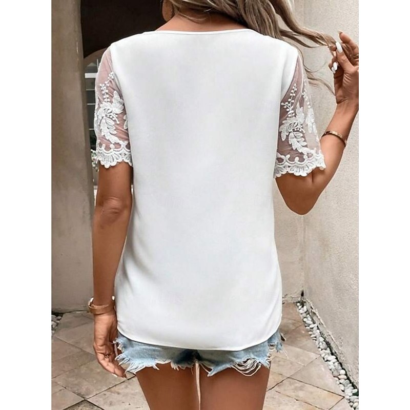 Women's Camisole Tank Top Solid Color Stylish Casual Short Sleeve V Neck Regular Tops Daily Lace Patchwork White Summer Spring2