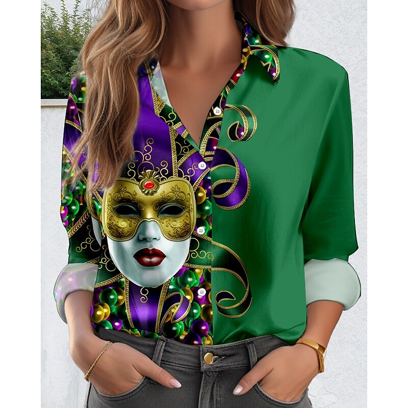 Carnival Women's Shirt Button Down Tunic Shirt Collar Long Sleeve Graphic Casual Regular Tops Daily Going out s Print Purple Green Spring Fall Winter4