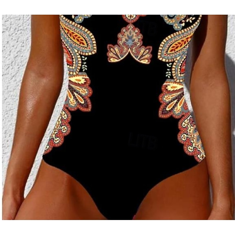 Women's Swimsuits One Piece Monokini Swimsuit Backless Tummy Control High Waist Slim Vacation Beach Wear Geometric Round Neck Sleeveless Bathing Suits3