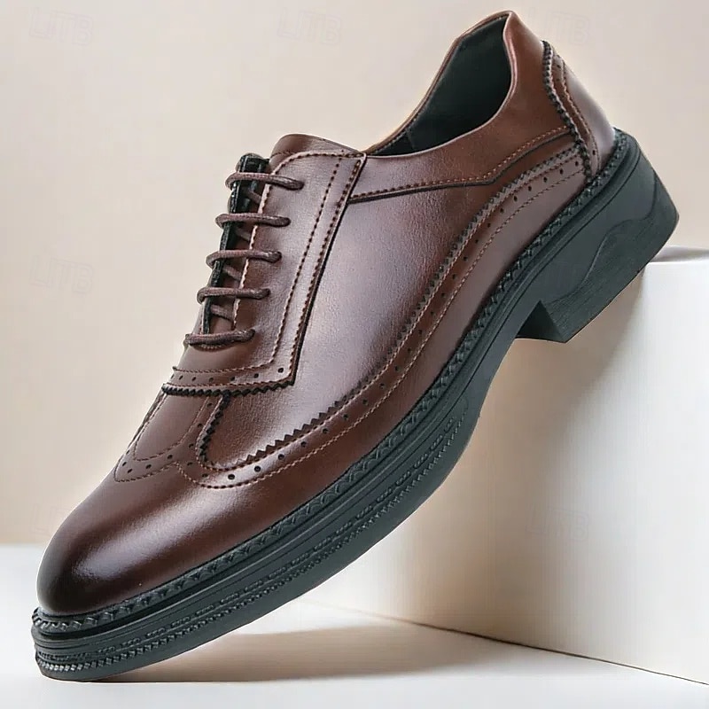 Men's Red-Brown Oxford Shoes - Faux Leather with Brogue Perforation Detailing, Classic Formal Footwear for Men, Perfect for Weddings, Business Meetings & Special Events