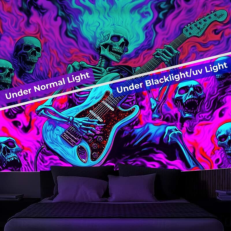 Halloween Blacklight Tapestry Glow in the Dark Glow Party UV Reactive Trippy Misty Guitar Skull Hanging Tapestry Wall Art Mural for Living Room Bedroom3