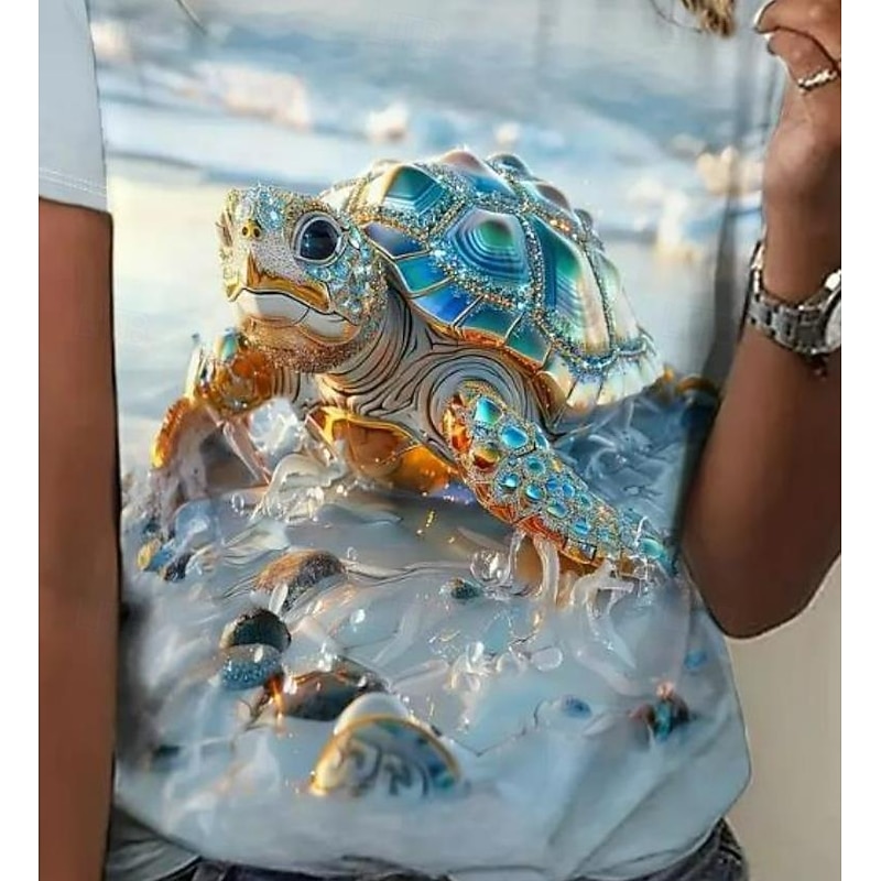 Women's T Shirt Sea Turtle Casual Short Sleeve Round Neck Regular Tops Daily Print Blue Summer2