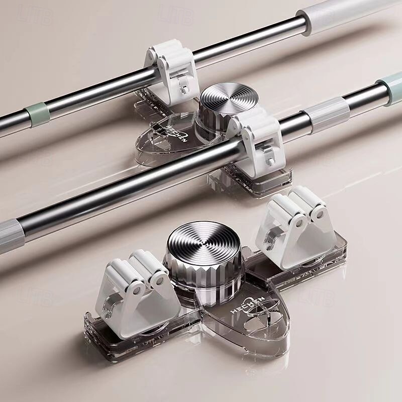 Broom Hanger Mop Hanger, Wall Mount Mop Grippers, No Punching Required Broom Hanger Organizer for Bathroom, Kitchen, Laundry Room, Home Garden, Garage Storage and Organization Rack