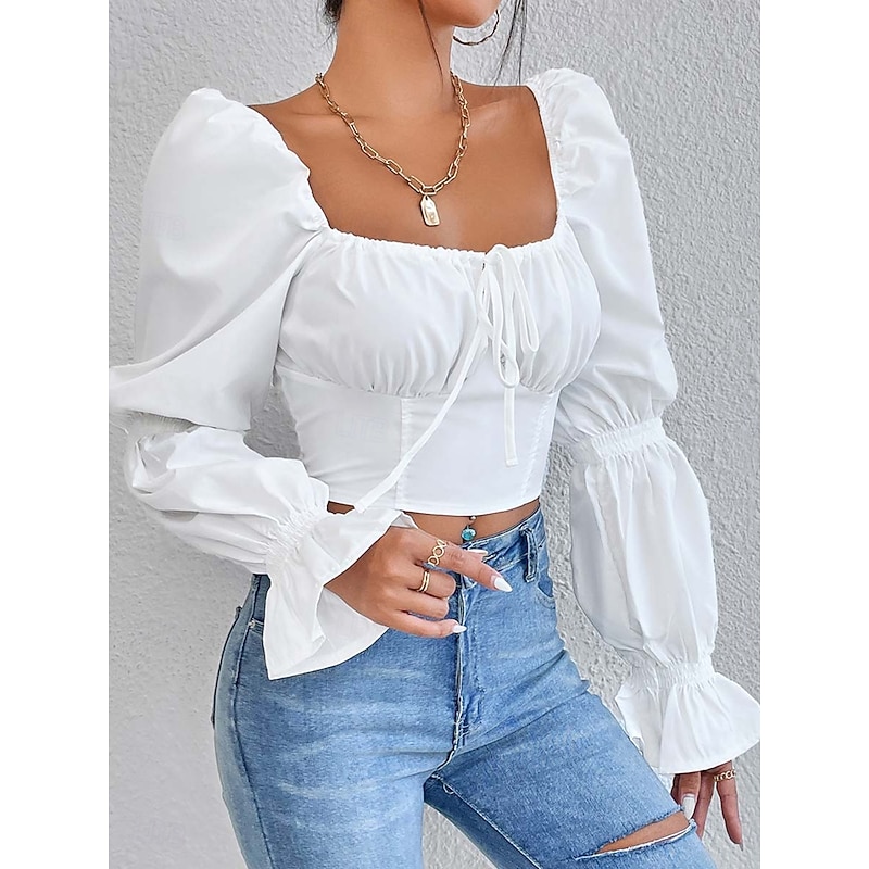 Women's Wrap Crop Top Elegant Long Sleeve U Neck Crop Tops Black White Summer Spring2